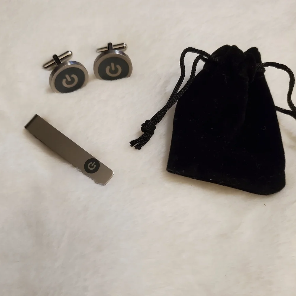Stainless Steel Power Button Cufflink & Tie clip
